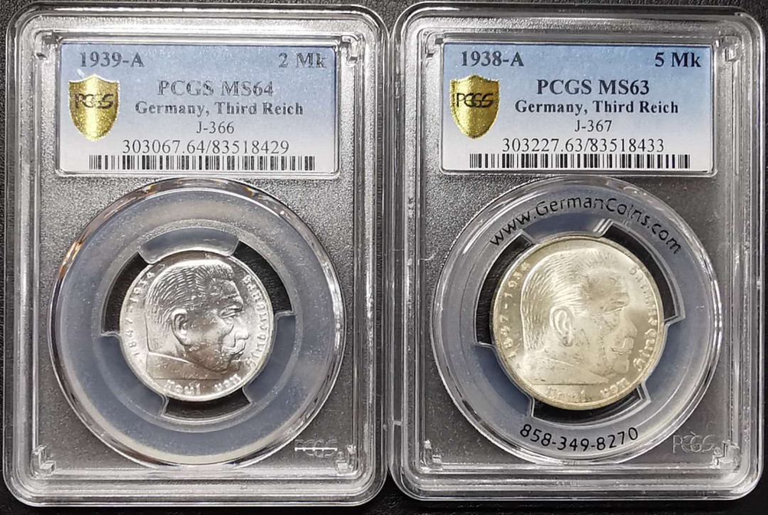 凡希社世界钱币微拍第一百四十二期 第三帝国兴登堡2/3马克一对PCGS-MS63/64