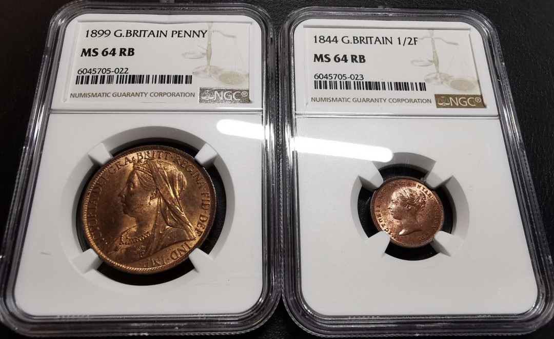 凡希社世界钱币微拍第一百四十二期 荐！英国维多利亚便士1/2法新一对NGC-MS64铜光饱满！