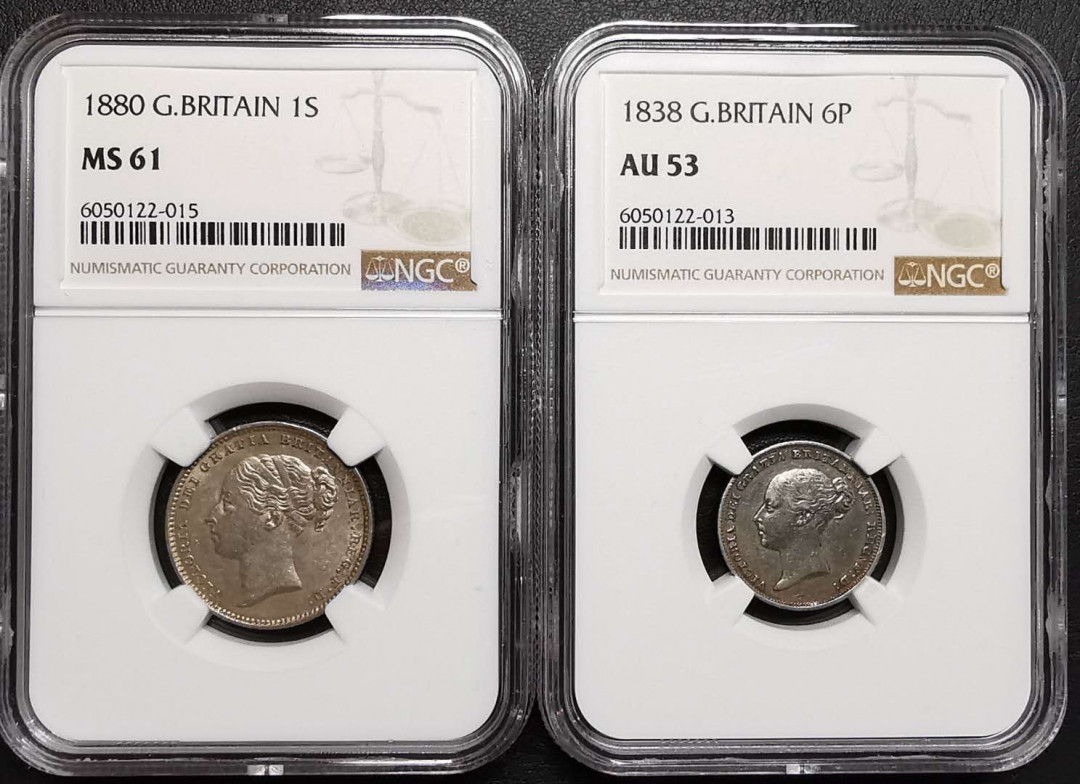 凡希社世界钱币微拍第一百四十二期 英国小维6D/1S一对NGC-AU53/MS62