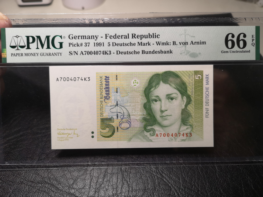 《外钞收藏家》第九十三期拍卖 德国末版1991年 5马克 PMG66