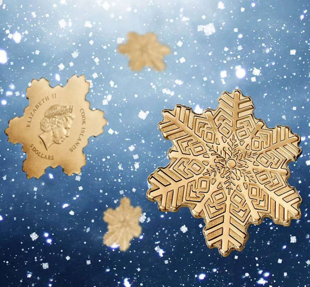 【币观天下】第131期钱币拍卖～ 库克圣诞雪花异形仿真小金币   9999金0.5克  