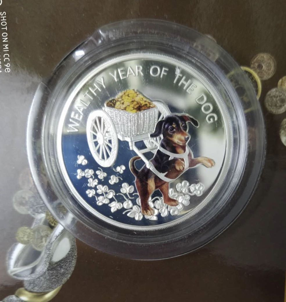 【币观天下】第131期钱币拍卖～     马其顿2018年100第纳尔，28.28克，中国狗年生肖“富贵、平安狗狗哥弟(2)---富贵招财狗”，数字艺术、亮光饱满彩色精制纪念银币