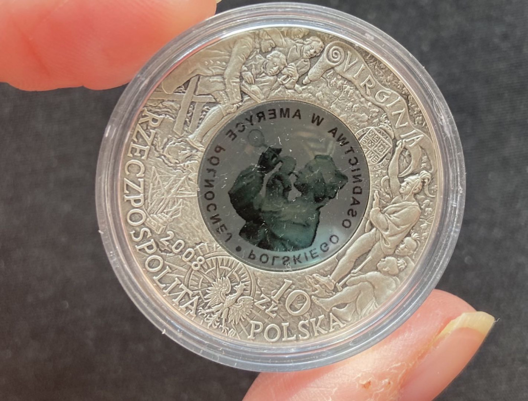 【币观天下】第131期钱币拍卖～ 【波兰】获奖币波兰2008年北美移民400周年镶玻璃仿古银币