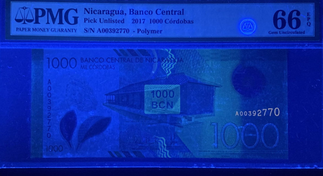 紫瑗钱币—微拍第122期—纸币场 尼加拉瓜 2017年 1000科多巴 塑料钞 PMG 66 EPQ 