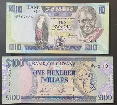 紫瑗钱币—微拍第122期—纸币场 - 赞比亚 1986-88年 10克瓦查 （P-26e）圭亚那 2006年 100元 （P-36）2枚一组 UNC