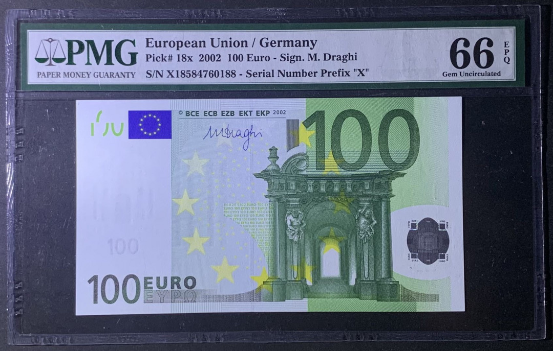 紫瑗钱币—微拍第122期—纸币场 德国 2002年 100欧元 三签 PMG 66 EPQ （188尾）