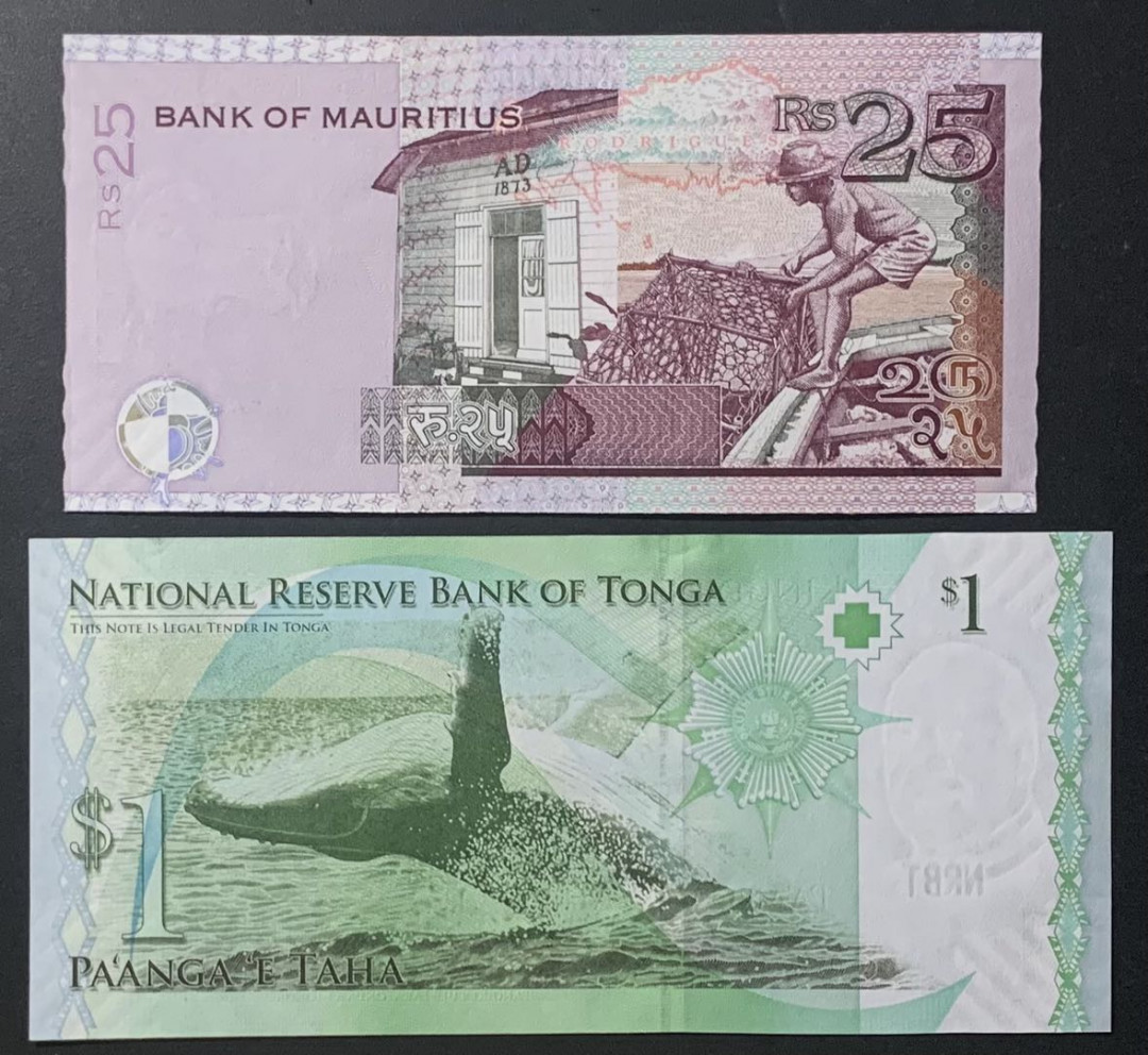 紫瑗钱币—微拍第122期—纸币场 毛里求斯 2006年 华人朱梅麟 25卢比 （P-49）汤加 2014年 1番加（P-37b）2枚一组 UNC