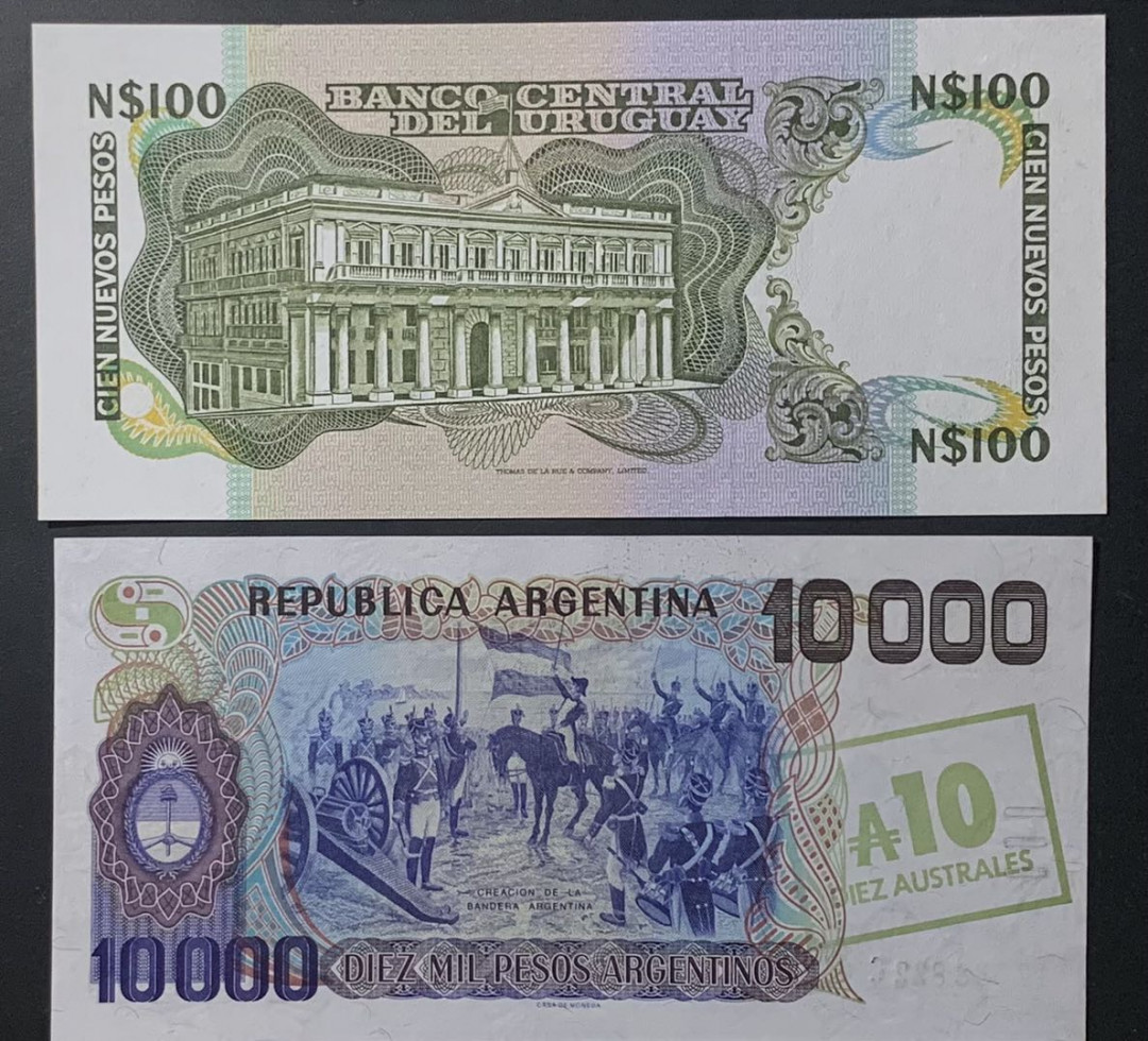 紫瑗钱币—微拍第122期—纸币场 乌拉圭 1987年 100比索 （P-62A）阿根廷 1985年 10奥斯特 10000比索 （P-322c）2枚一组 UNC