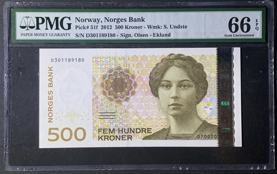 紫瑗钱币—微拍第122期—纸币场 挪威 2012年 500克朗 PMG 66 EPQ （P-51f）