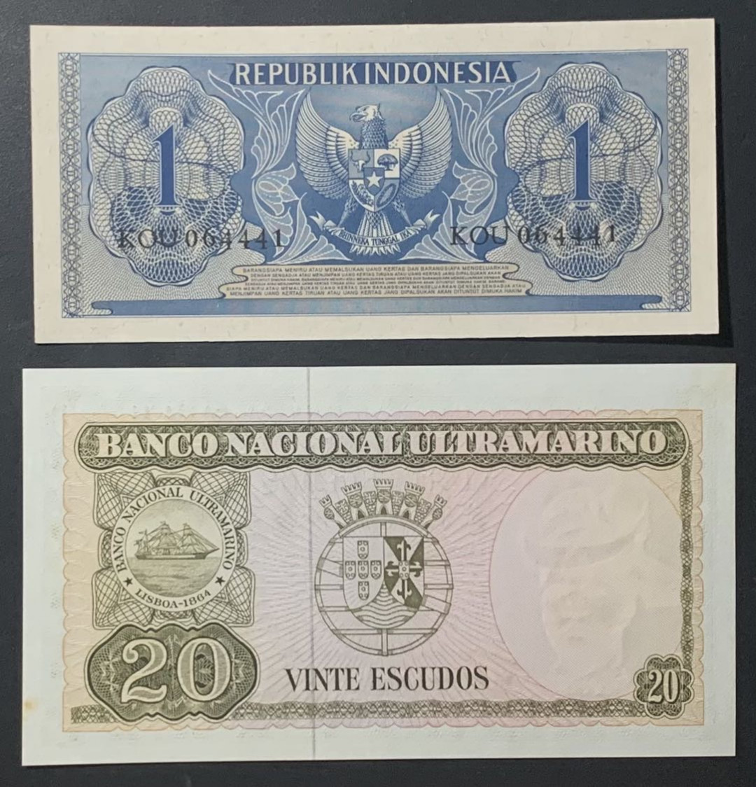 紫瑗钱币—微拍第122期—纸币场 印度尼西亚 1956年 1卢比 东帝汶 1963年 100埃斯库（P-28） 2枚一组 UNC