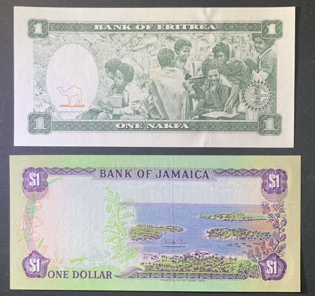 紫瑗钱币—微拍第122期—纸币场 厄立特里亚 1997年 1纳克法 （P-1）牙买加 1990年 1元 （P-68）2枚一组 UNC
