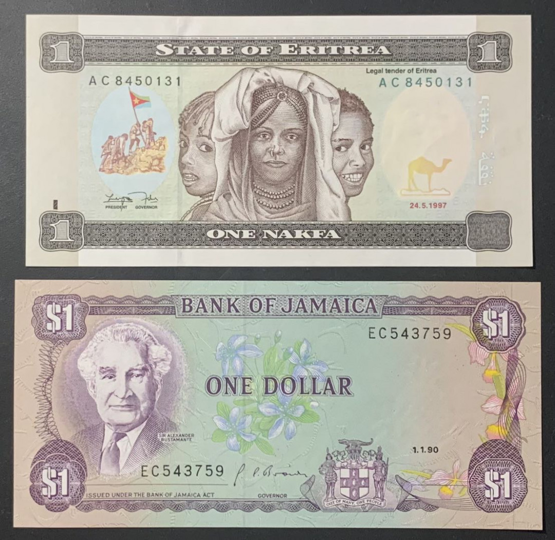 紫瑗钱币—微拍第122期—纸币场 厄立特里亚 1997年 1纳克法 （P-1）牙买加 1990年 1元 （P-68）2枚一组 UNC