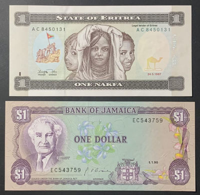 紫瑗钱币—微拍第122期—纸币场 - 厄立特里亚 1997年 1纳克法 （P-1）牙买加 1990年 1元 （P-68）2枚一组 UNC