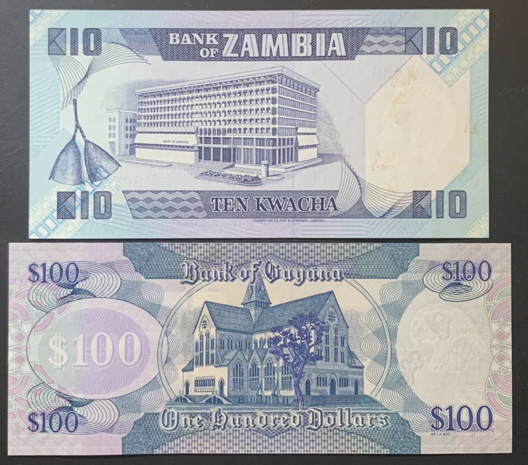 紫瑗钱币—微拍第122期—纸币场 赞比亚 1986-88年 10克瓦查 （P-26e）圭亚那 2006年 100元 （P-36）2枚一组 UNC