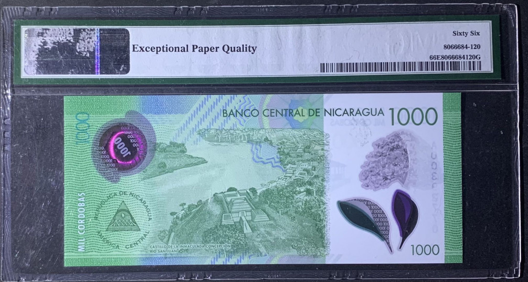 紫瑗钱币—微拍第122期—纸币场 尼加拉瓜 2017年 1000科多巴 塑料钞 PMG 66 EPQ 