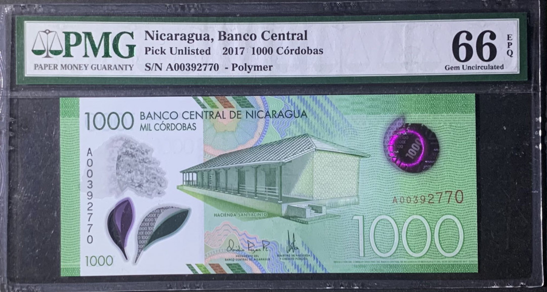 紫瑗钱币—微拍第122期—纸币场 尼加拉瓜 2017年 1000科多巴 塑料钞 PMG 66 EPQ 