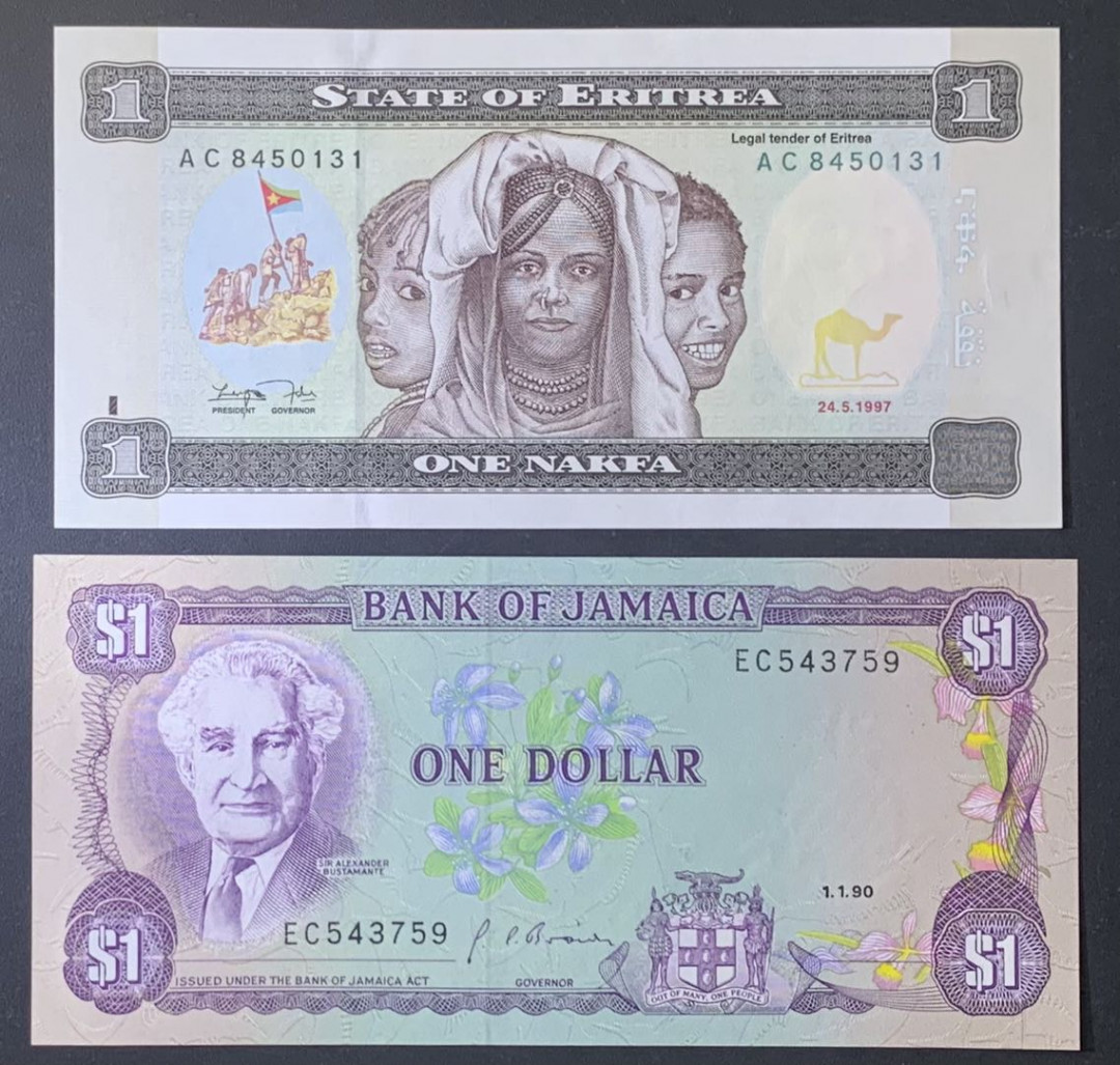 紫瑗钱币—微拍第122期—纸币场 厄立特里亚 1997年 1纳克法 （P-1）牙买加 1990年 1元 （P-68）2枚一组 UNC