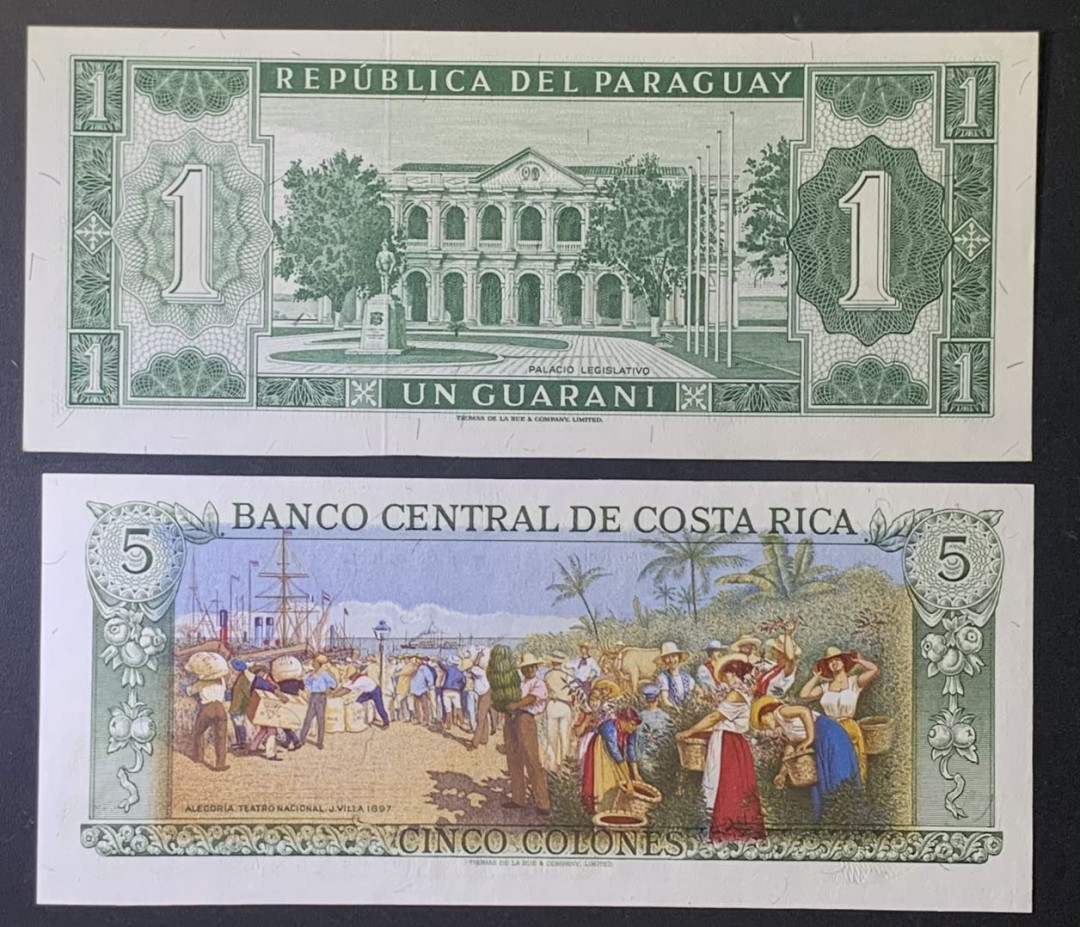 紫瑗钱币—微拍第122期—纸币场 巴拉圭 1952年 （P-193a）哥斯达黎加 1989年 5科朗 （P-236d）2枚一组 UNC