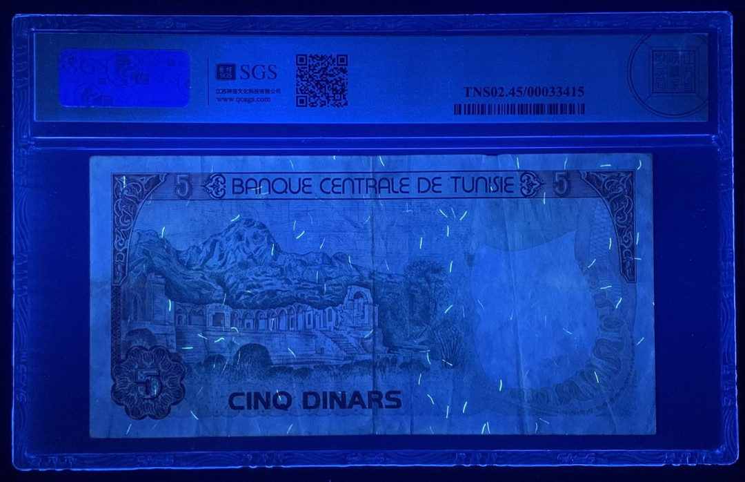 紫瑗钱币—微拍第122期—纸币场 突尼斯 1980 5第纳尔 美评 SGS 45