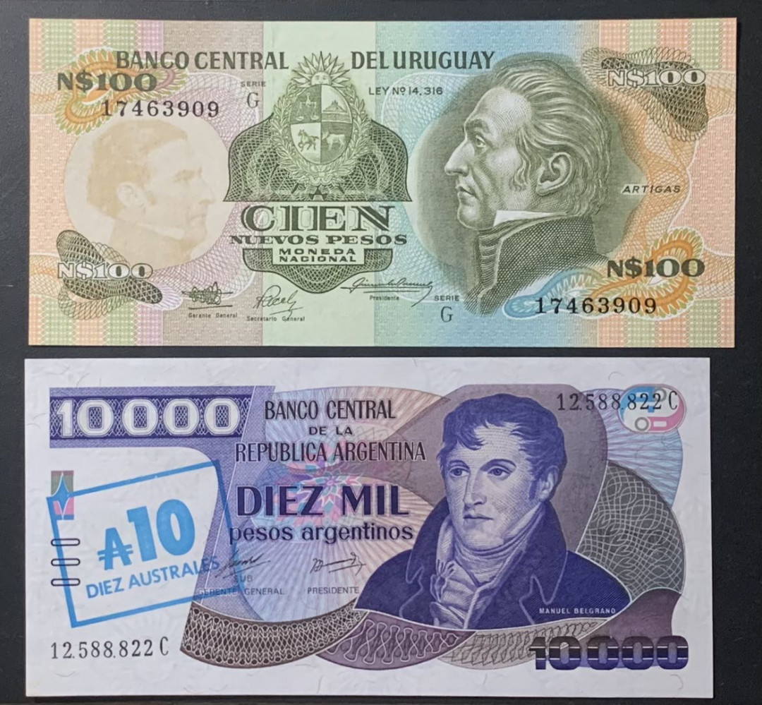 紫瑗钱币—微拍第122期—纸币场 乌拉圭 1987年 100比索 （P-62A）阿根廷 1985年 10奥斯特 10000比索 （P-322c）2枚一组 UNC