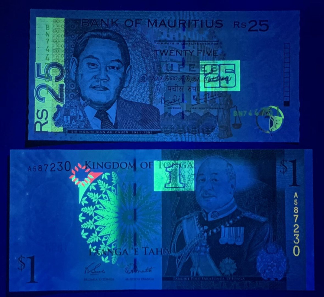 紫瑗钱币—微拍第122期—纸币场 毛里求斯 2006年 华人朱梅麟 25卢比 （P-49）汤加 2014年 1番加（P-37b）2枚一组 UNC