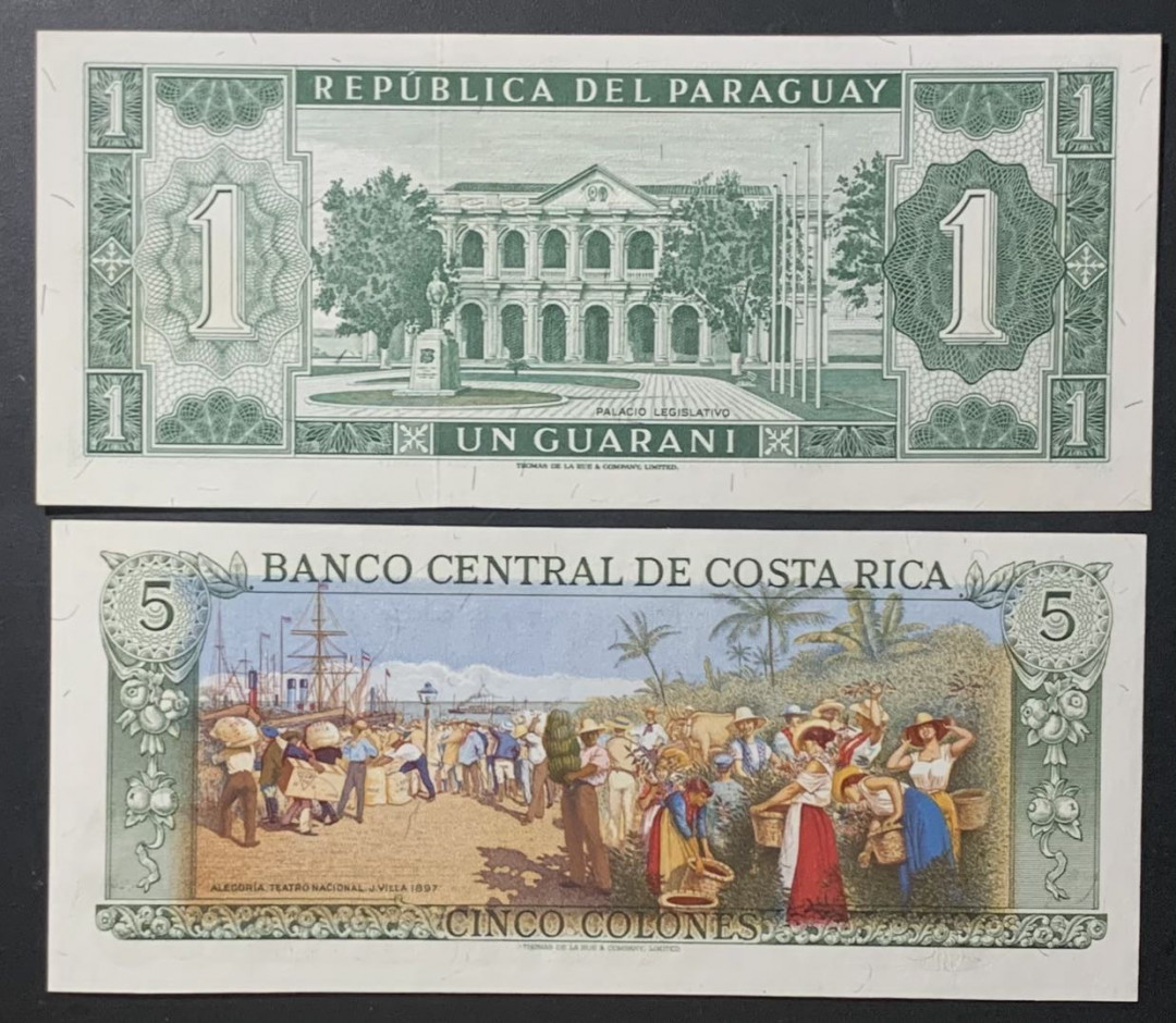 紫瑗钱币—微拍第122期—纸币场 巴拉圭 1952年 （P-193a）哥斯达黎加 1989年 5科朗 （P-236d）2枚一组 UNC