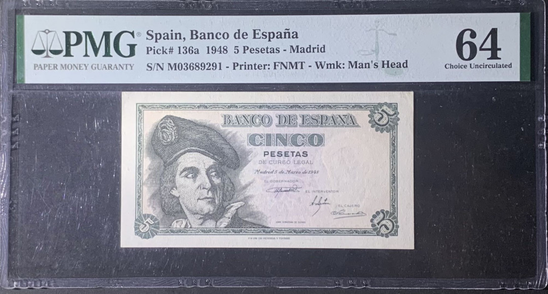 紫瑗钱币—微拍第131期—纸币场 西班牙 1948年 胡安 塞瓦斯蒂安 5比塞塔 PMG 64 （P-136a）