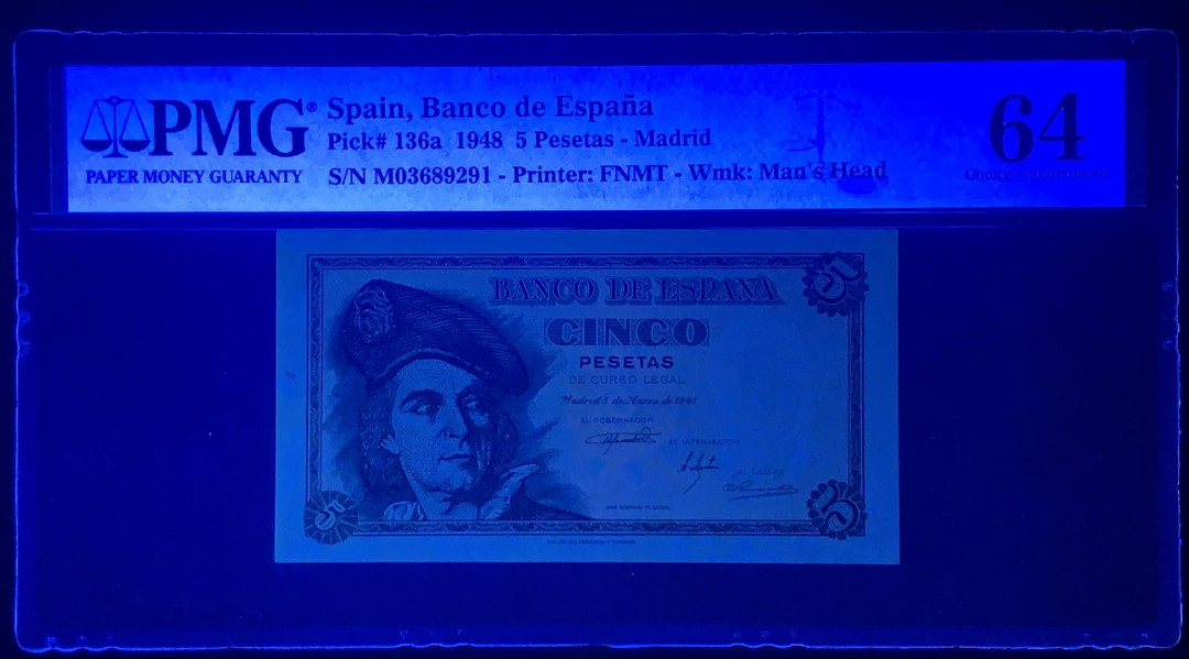 紫瑗钱币—微拍第131期—纸币场 西班牙 1948年 胡安 塞瓦斯蒂安 5比塞塔 PMG 64 （P-136a）