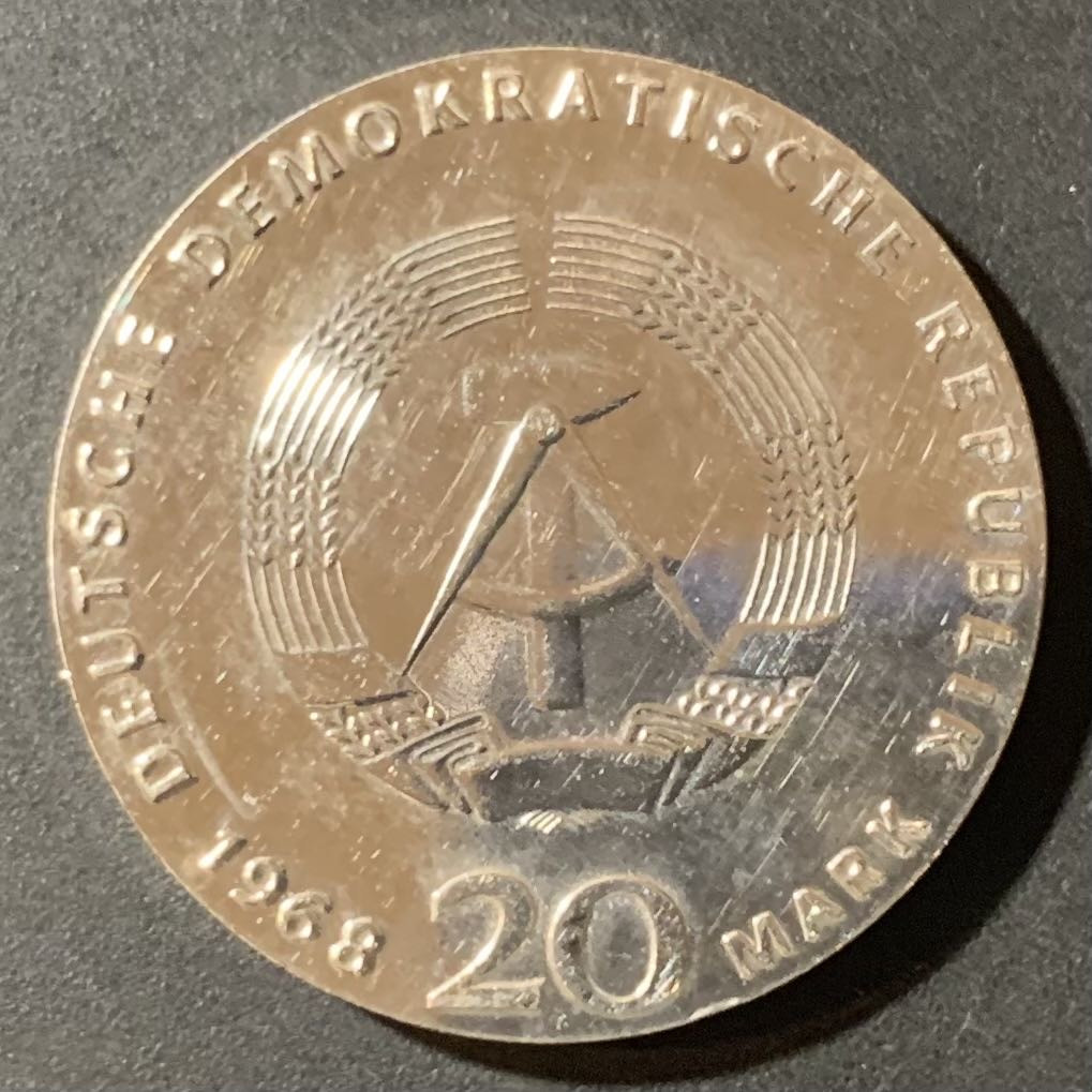 紫瑗钱币—微拍第123期  东德 1968年 马克思诞辰150周年 20马克 20.9克 0.8银