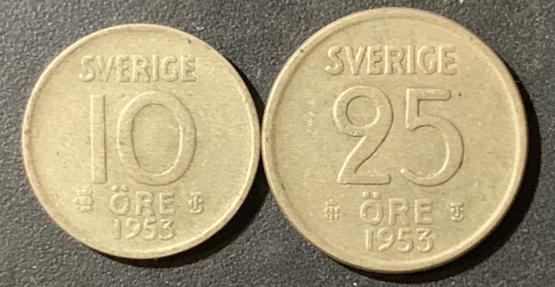 紫瑗钱币—微拍第123期  瑞典 1953年 10 25欧尔 银币 2枚一组