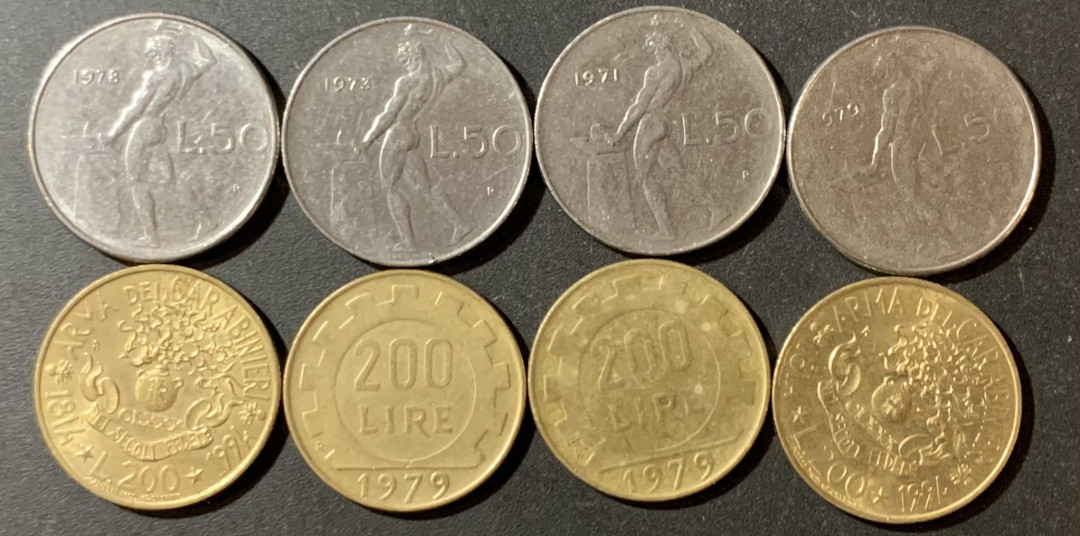 紫瑗钱币—微拍第123期  意大利 欧元前流通币 50 200里拉 共8枚 带纪念币