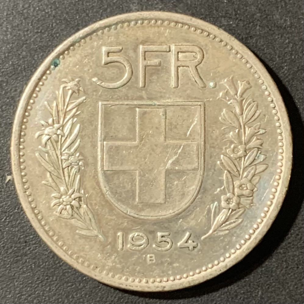 紫瑗钱币—微拍第123期  瑞士 1954年 威廉 泰尔 5法郎 15克 0.835银
