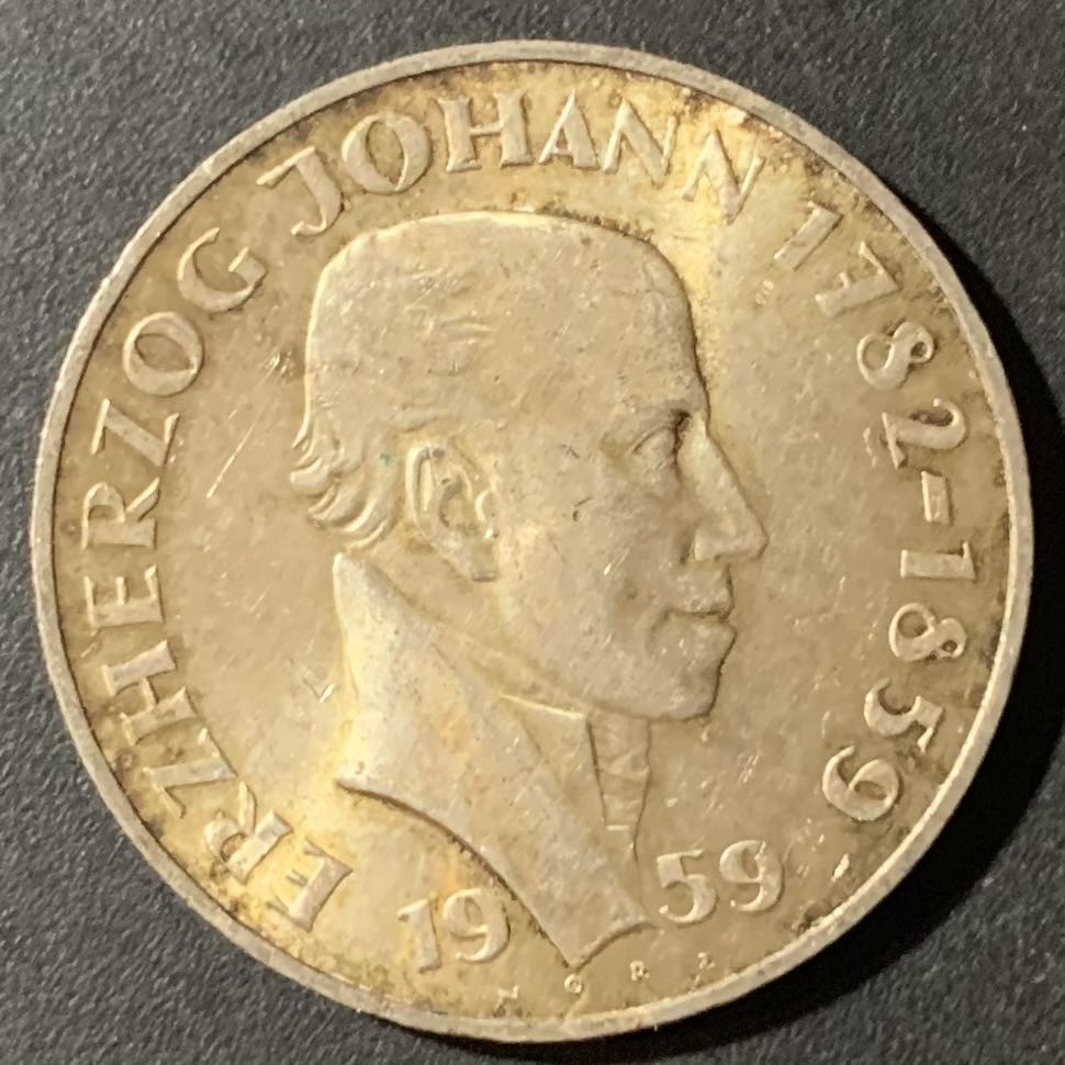 紫瑗钱币—微拍第123期  奥地利 1959年  约翰大公逝世100周年 25先令 13克 0.8银