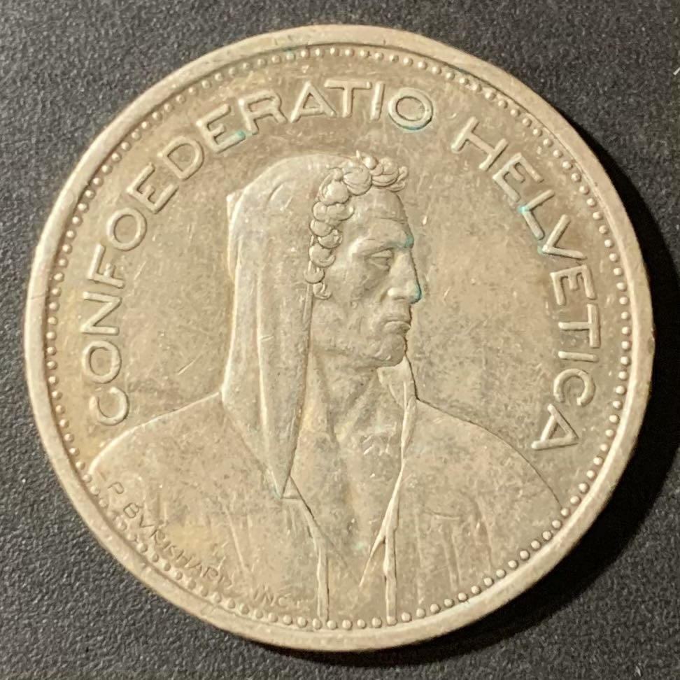 紫瑗钱币—微拍第123期  瑞士 1954年 威廉 泰尔 5法郎 15克 0.835银