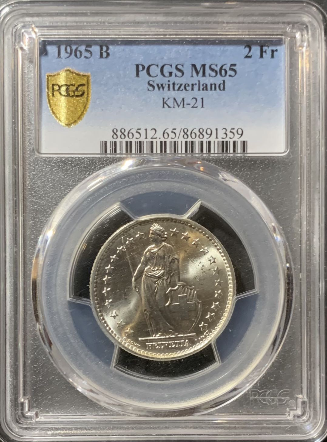 紫瑗钱币—微拍第123期  瑞士 1965年B 赫尔维蒂女神 2法郎 PCGS MS65