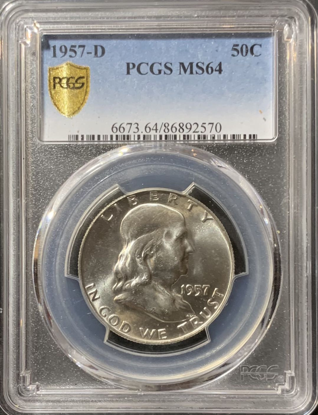 紫瑗钱币—微拍第123期  美国 1957年 D版 富兰克林 50美分 半美元 PCGS MS64