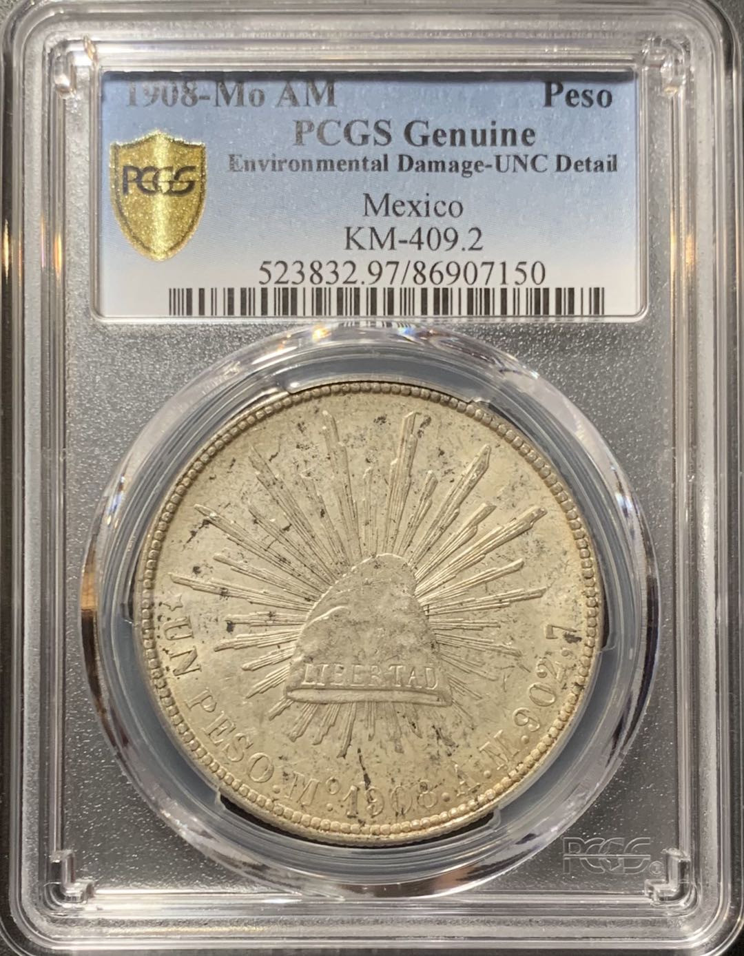紫瑗钱币—微拍第123期  墨西哥 1908年 MO AM 1比索 直边鹰洋 PCGS UNCDetail