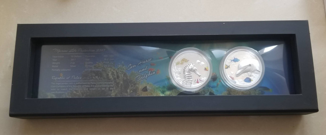 【币观天下】第132场钱币拍卖～ 帕劳2017美人鱼海马海豚高浮雕彩色银币两枚