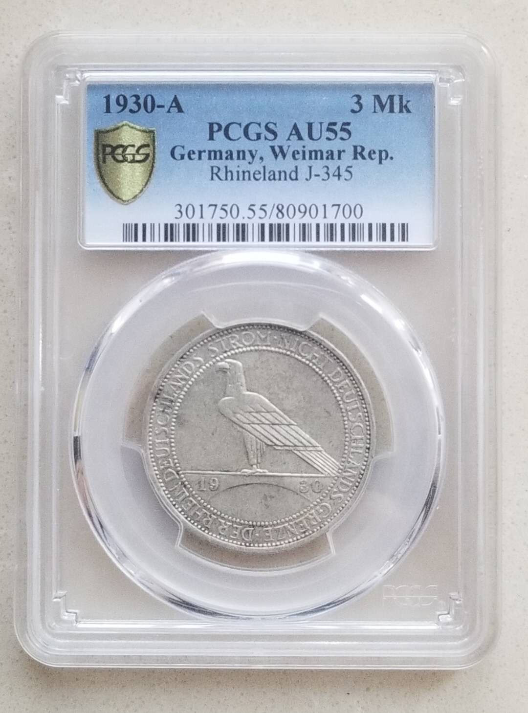 【币观天下】第132场钱币拍卖～ PCGS55德国1930年解放莱茵兰3马克银币