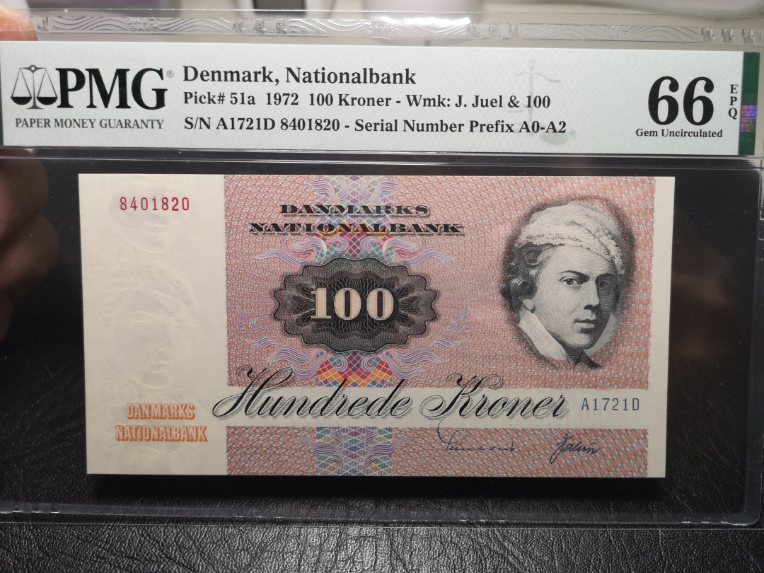 《外钞收藏家》第九十四期拍卖 丹麦1972年100克朗  pmg66