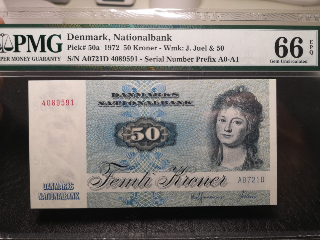 《外钞收藏家》第九十四期拍卖 丹麦1972年50克朗 pmg66