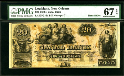 【Blue Auction】世界纸币精拍第47期——黑鸢尾花的国度(共60拍） - 【冠军分】 美国 路易斯安那州 1850年代 20美金 女神精美 PMG66EPQ 超大票幅 高分稀少