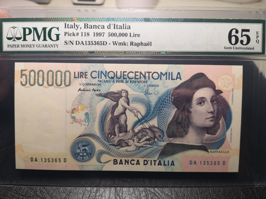 《外钞收藏家》第九十四期拍卖 意大利1997年50万里拉  拉斐尔 pmg65