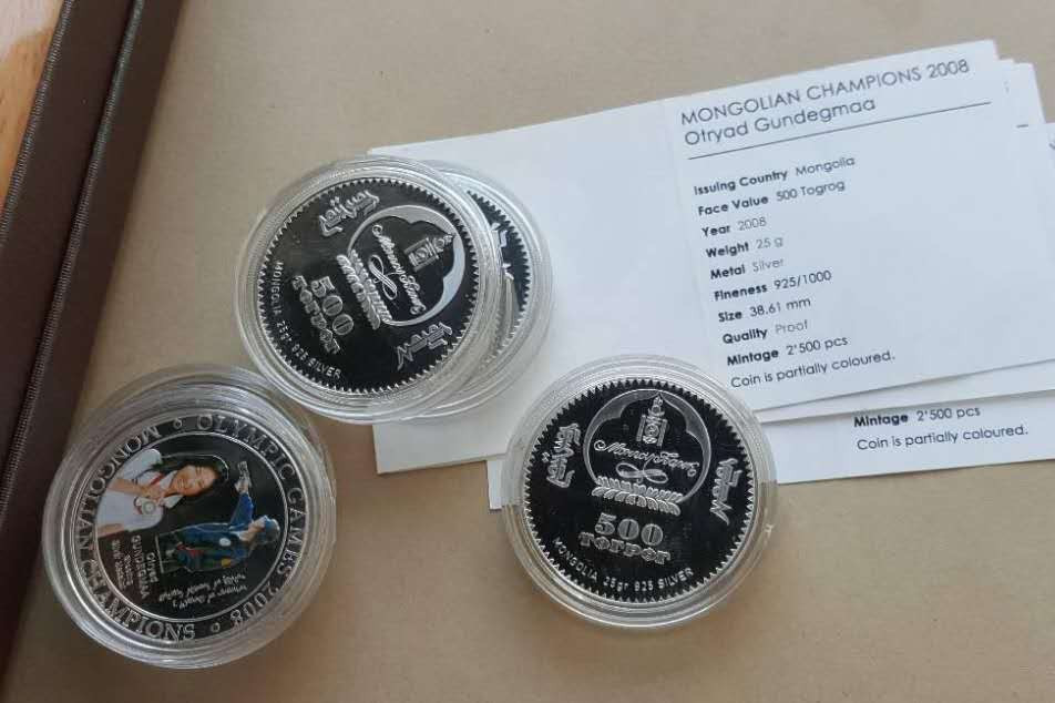 【随心拍&Getcoins】钱币拍卖第八十期～ 蒙古2008年奥运奖牌获得者彩色纪念银币  纪念在北京2008年夏季奥运会和特奥会上获得奖牌的5位功勋运动员,特别发行彩色纪念银币5枚