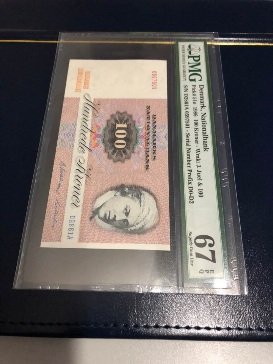【囧羊收藏】精选微拍第9期 世界钱币精选 1986年丹麦100克朗 初版无金属线 PMG67E高分
