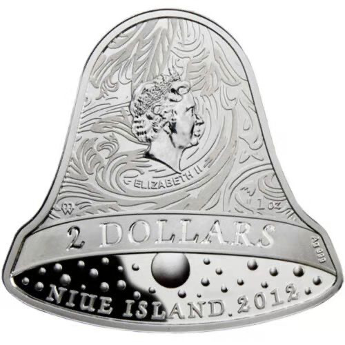 【币观天下】第133场拍卖【圣诞场】  纽埃2012年2元，1盎司 “圣诞铃声”镶嵌施华洛世奇蓝宝石 异形(铃铛形)精制镶嵌银币