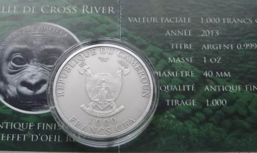 【币观天下】第133场拍卖【圣诞场】 喀麦隆2013年大猩猩仿古浮雕镶嵌银币 