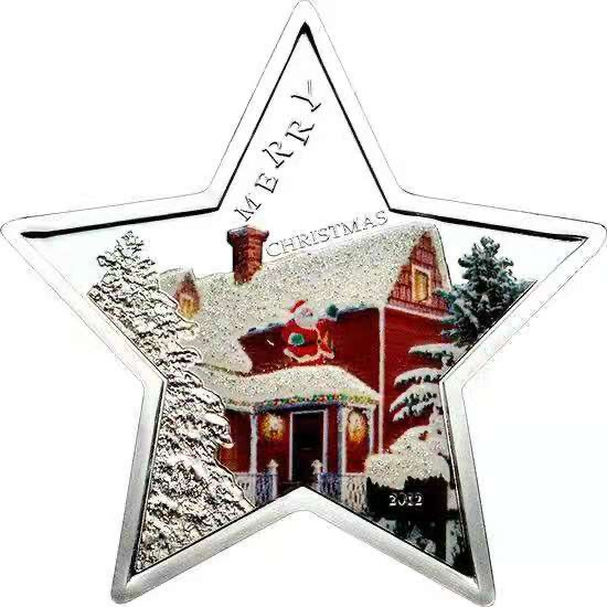 【币观天下】第133场拍卖【圣诞场】  萨摩亚2012年5元， “圣诞快乐幸运星”镶嵌炫彩闪耀彩色宝石粉 五角星形 彩色精制纪念银币