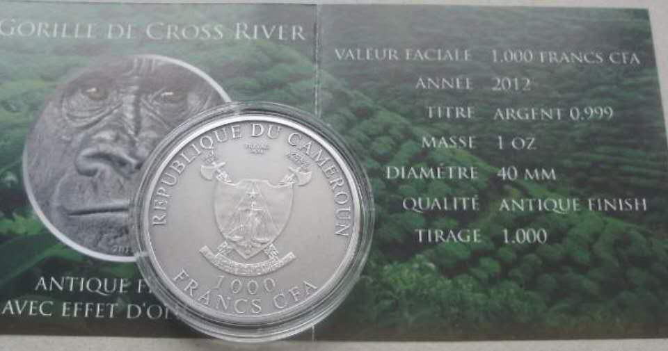 【币观天下】第133场拍卖【圣诞场】 喀麦隆2012年大猩猩仿古高浮雕镶嵌银币