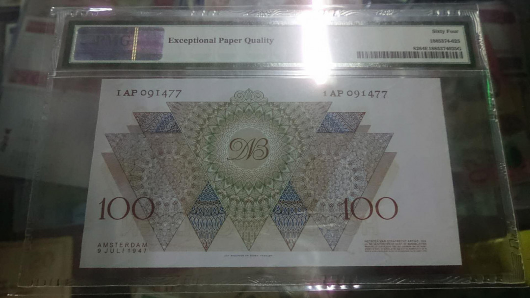 【囧羊收藏】精选微拍第9期 世界钱币精选 1947年荷兰100盾 PMG64E（左右明显异常偏离导致没其他毛病）